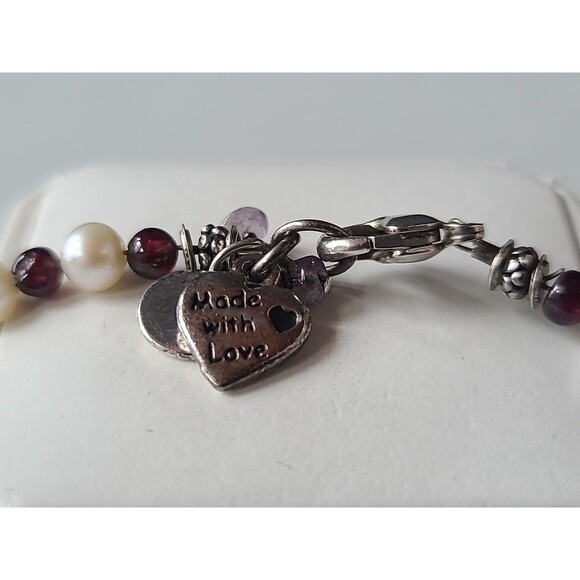925 Sterling Silver Pearl & Garnet Beaded Bracelet With Heart & Amethyst Charms - Picture 6 of 10